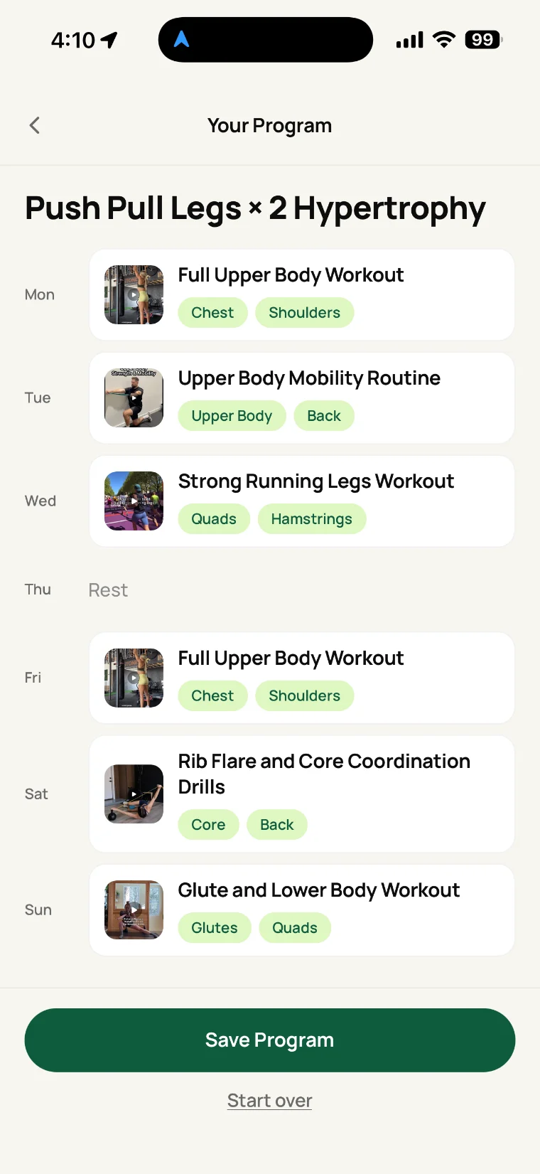 A weekly training program with a workout assigned to each day